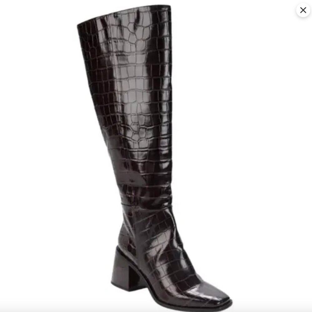Croc-Embossed Leather Knee High Boots Espresso